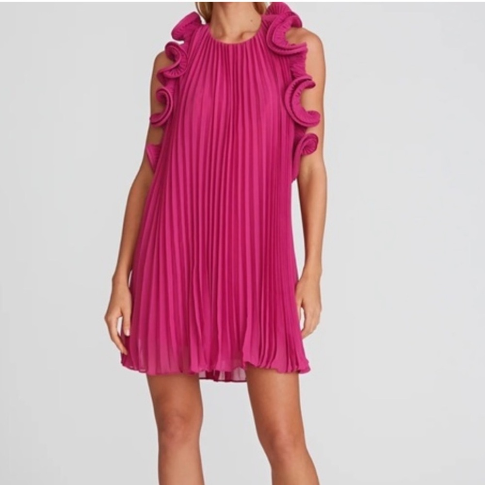 NEW- JODIFL Magenta Pleated A-line Ruffle-Shoulder Babydoll Mini Dress